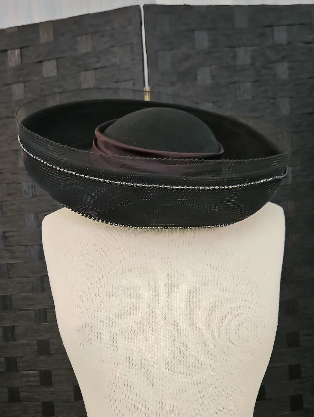 Vintage 1980's Sylvia Black Breton Decorative Women's Hat with Rhinestone Trim